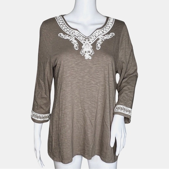Chico's Tops - Chico's Brown 3/4 Sleeve Embroidered Top Sz 1/M/8